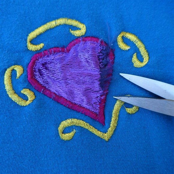 Vintage 80s Blue Sweatshirt 3D Velvet Purple Hearts Embroidered Zipper Back L - Picture 11 of 12